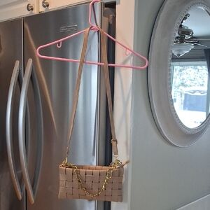 Tan Woven Crossbody Bag with Gold Chain